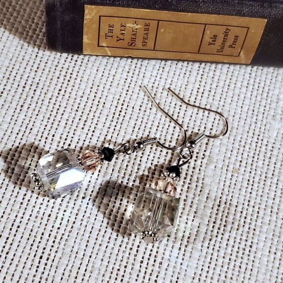 Faceted Czech Crystal Clear Pink Black Silver Cube and Bicone Earrings - Picture 4 of 9